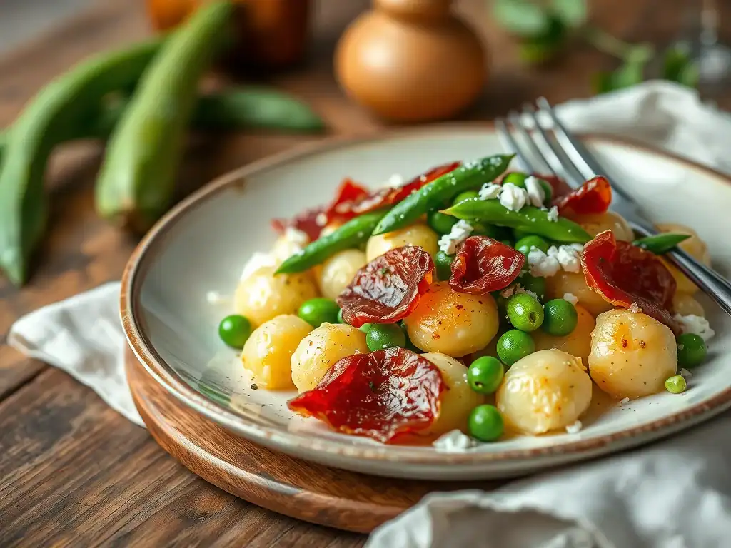 Delicious ricotta gnocchi served with fresh peas, crispy prosciutto, and ricotta cheese on a rustic.