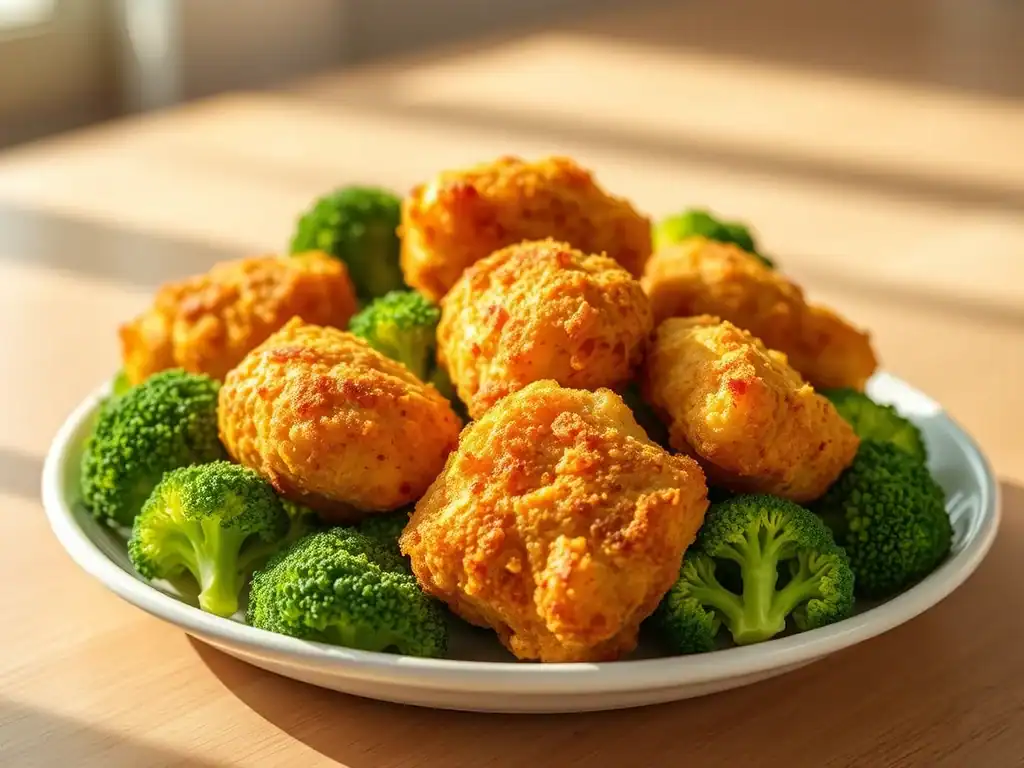 Delicious homemade chicken broccoli nuggets served with fresh broccoli florets. Perfect healthy snac.
