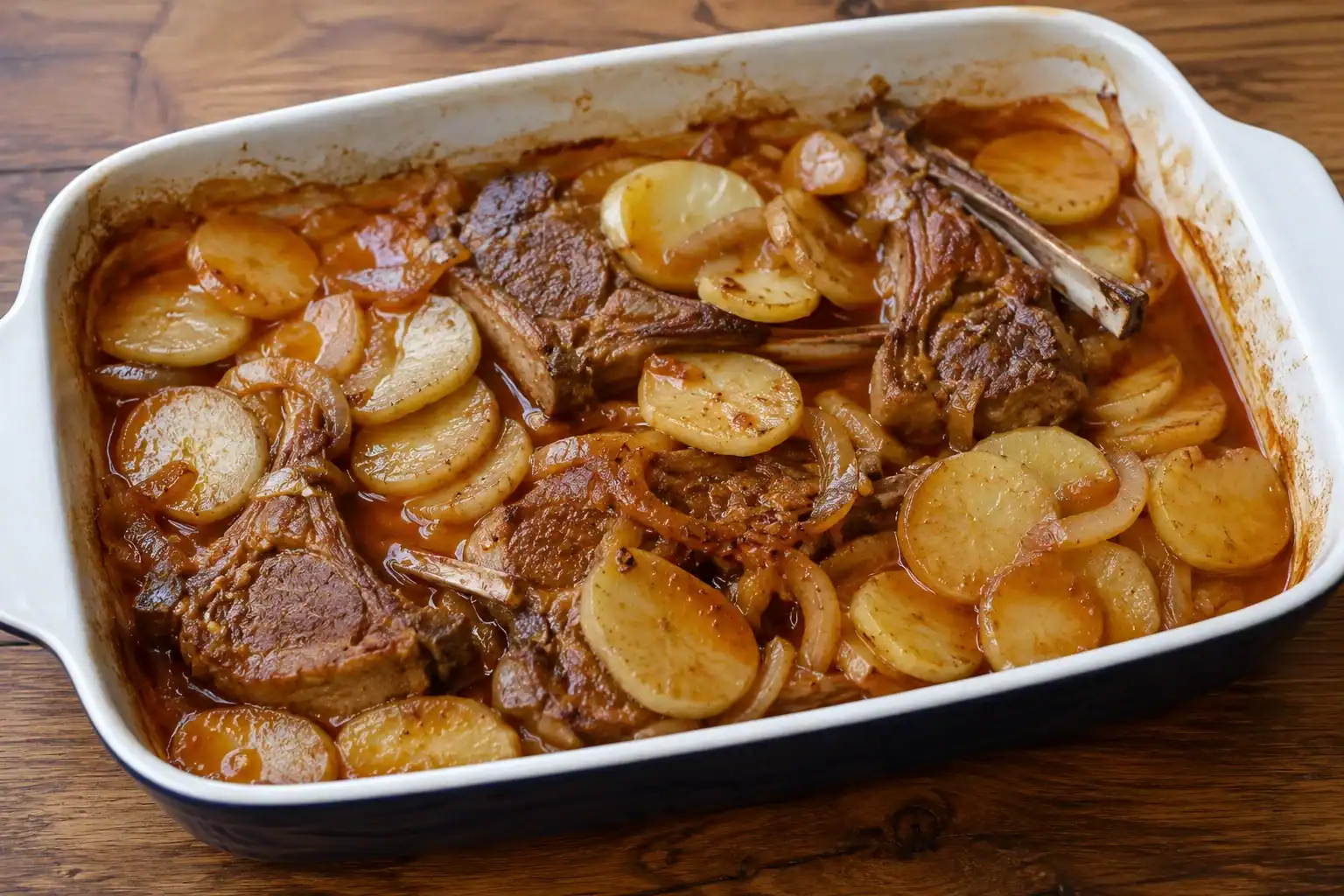 Saucy Lamb Chop and Potato Bake Hearty lamb chops with potatoes in a rich sauce in a baking dish