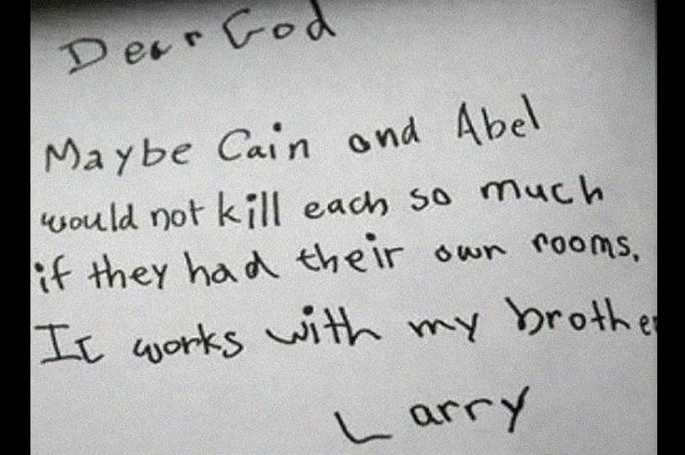 Child's handwritten note to God with funny message about Cain and Abel.