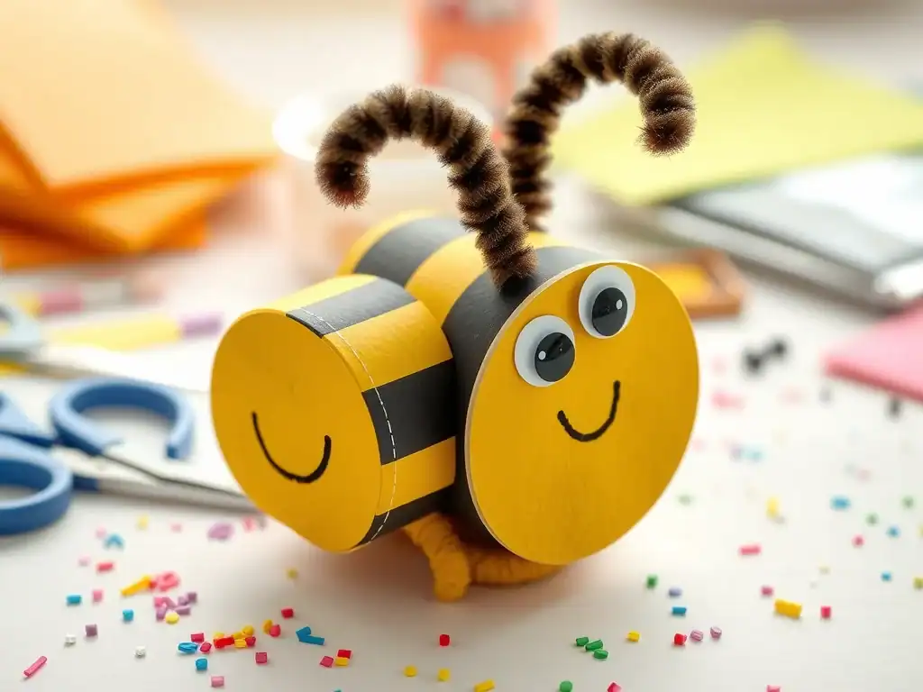 Creative bee made from a toilet paper roll with googly eyes and pipe cleaner antennae.