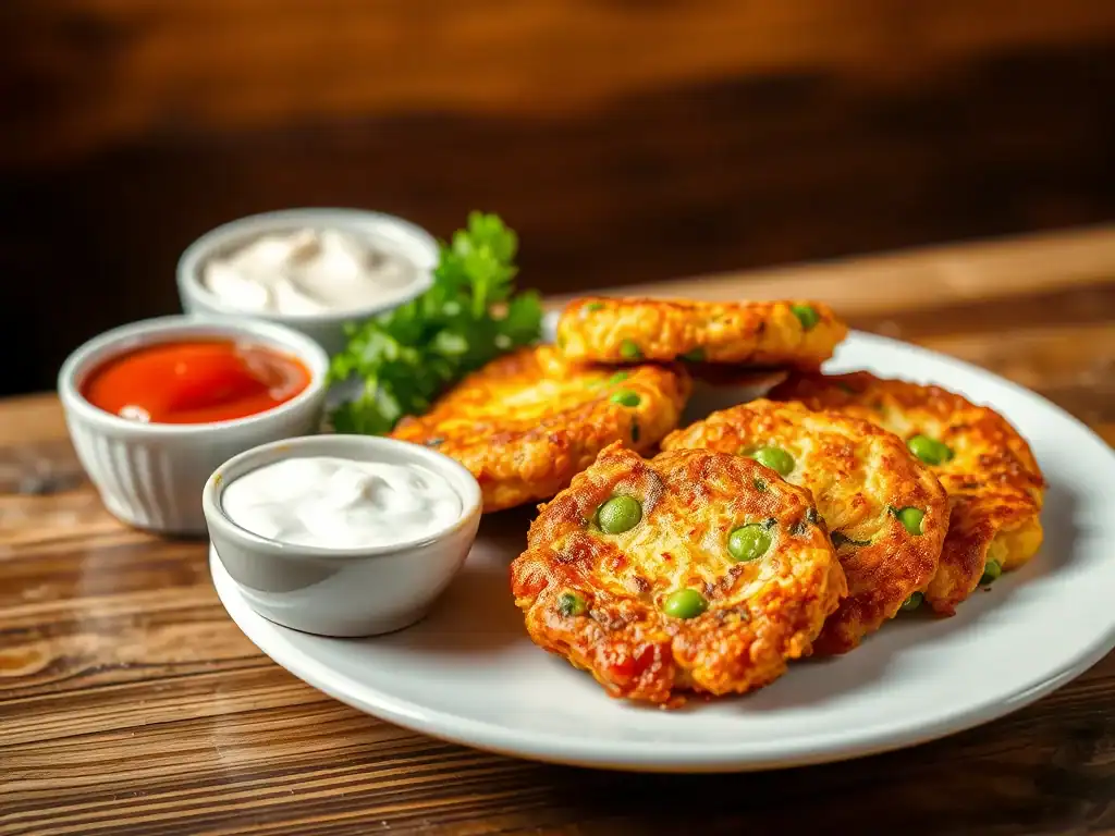 Delicious vegetable fritters served with sour cream, tomato sauce, and fresh herbs on a wooden table.