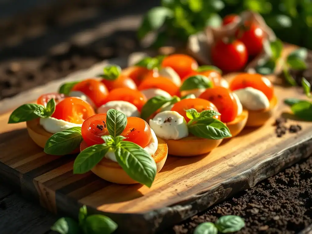 Delicious Caprese salad bites with cherry tomatoes, mozzarella, and fresh basil on a wooden platter.