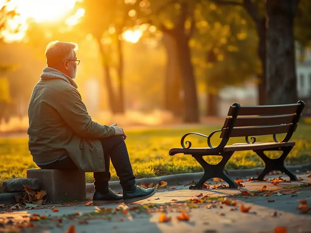 Reflective man sitting on park bench during sunset, contemplating mental health and suicide awarenes.