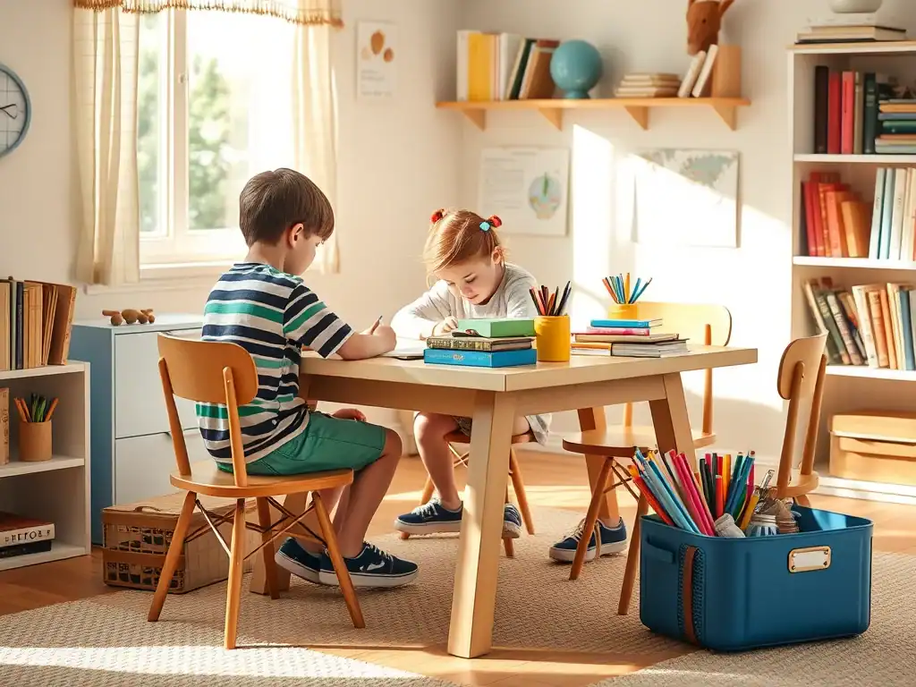 Child studying at home with parents' support, focusing on homework and learning.