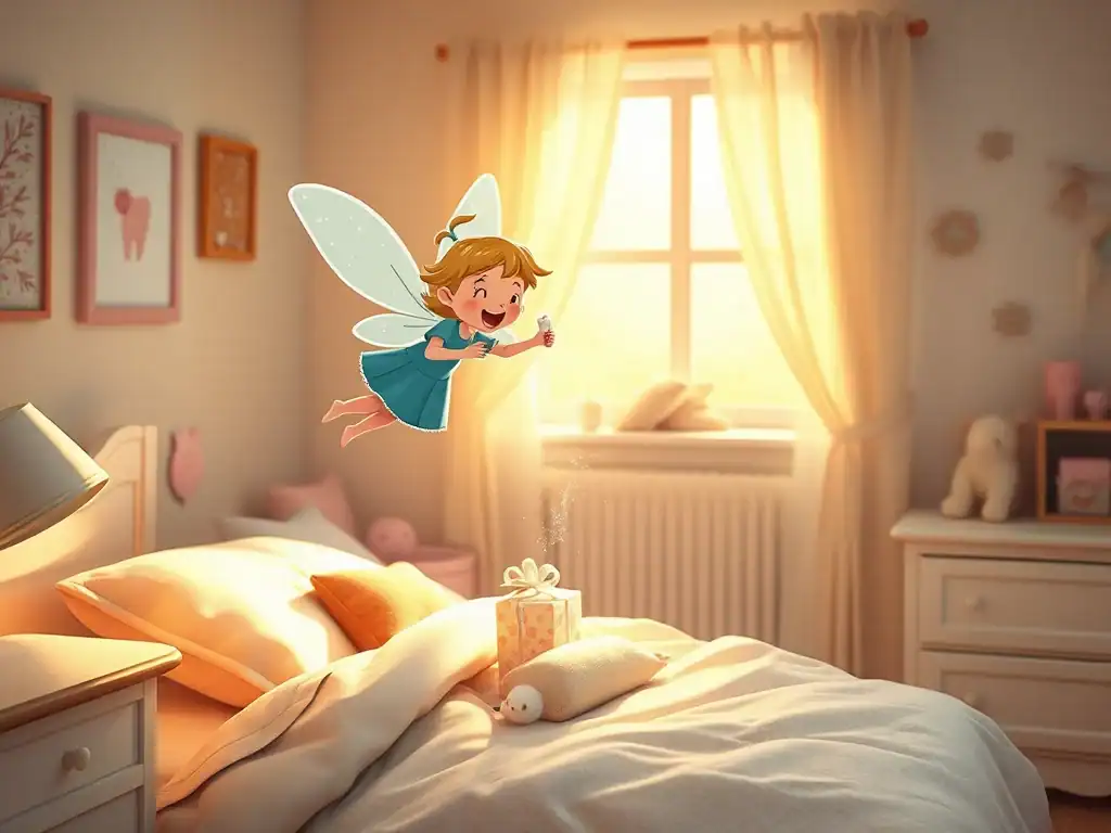 Child's bedroom with a fairy flying over the bed holding a small gift for the tooth fairy. Warm sunl.