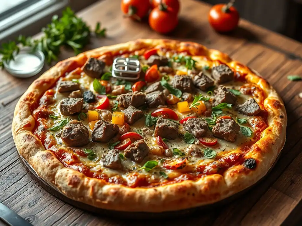 Delicious Greek-style lamb pizza topped with tender lamb chunks, cherry tomatoes, peppers, and fresh.