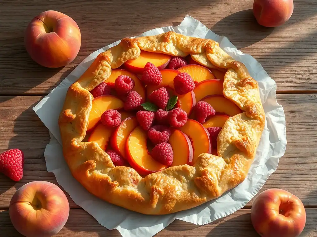 Delicious peach and raspberry galette with flaky pastry and fresh fruit topping. Perfect for summer.