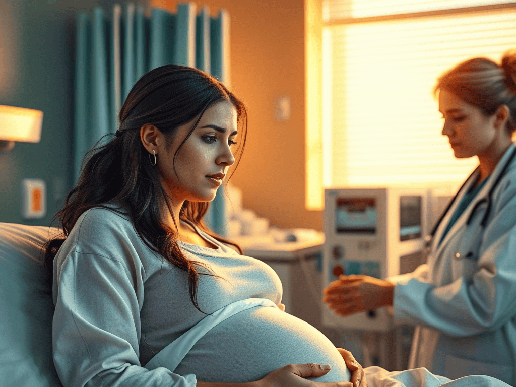 Pregnant woman being induced into labour in hospital setting.