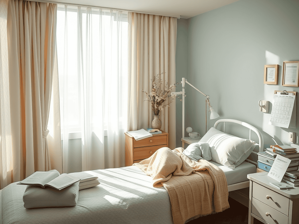 Cozy hospital room with bed, natural light, and essential birthing equipment.