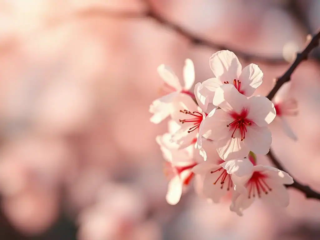 Delicate pink cherry blossoms on a branch, showcasing the beauty of spring and renewal with soft, pa.