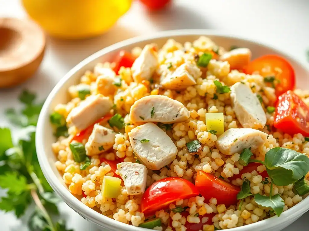 Healthy chicken couscous salad with fresh vegetables and herbs.