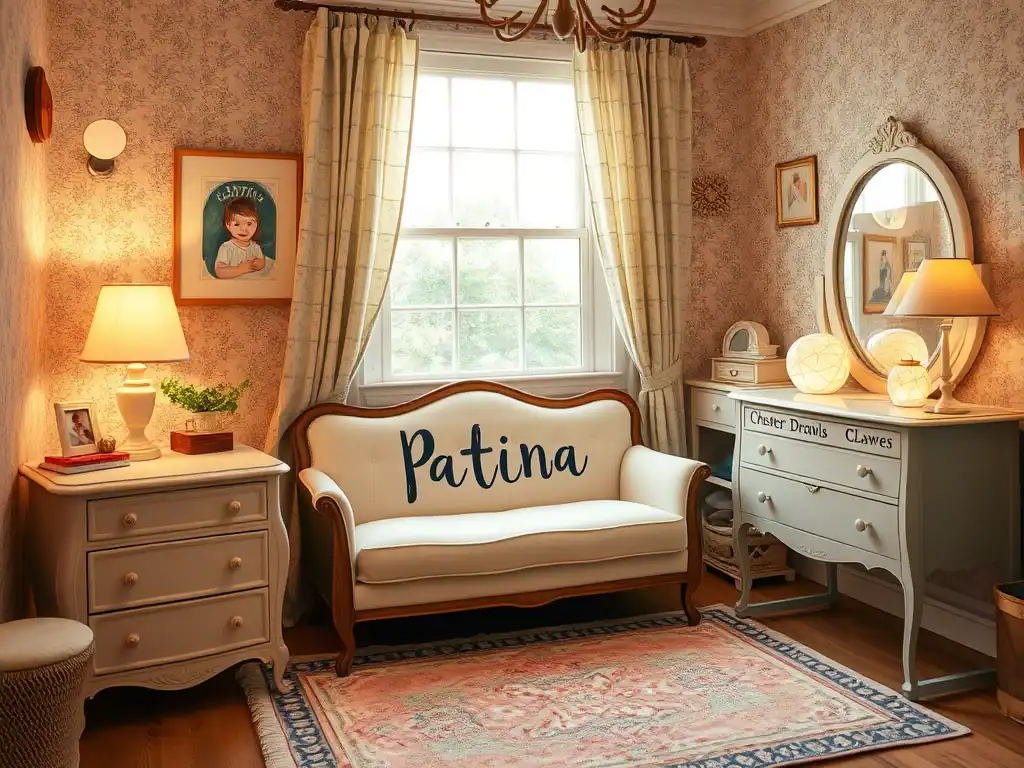 Baby name "Patina" inspired by vintage furniture in a cozy nursery setting.