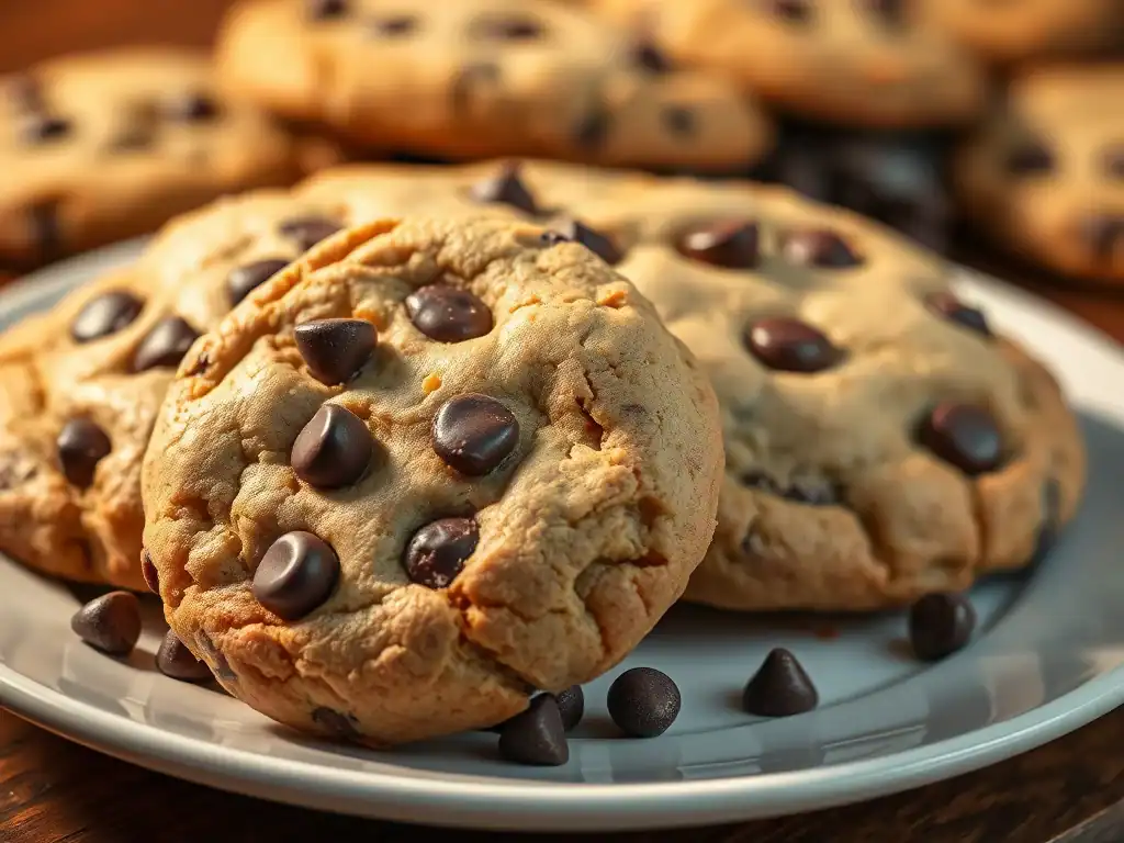 Delicious homemade chocolate chip cookies with gooey chocolate chips, perfect for snacking or sharin.