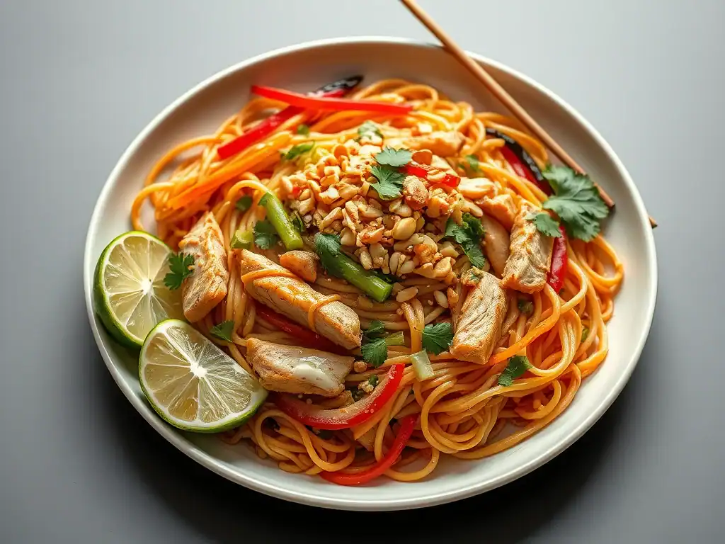 Delicious homemade Pad Thai with chicken, peanuts, and fresh lime slices. Perfect for a quick, flavo.