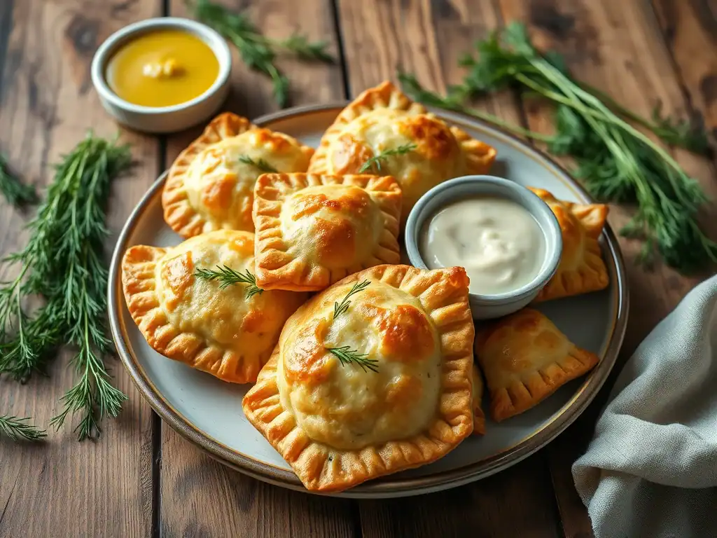 Delicious vegetarian pasties filled with dill and cheese, served with creamy dipping sauces. Perfect.