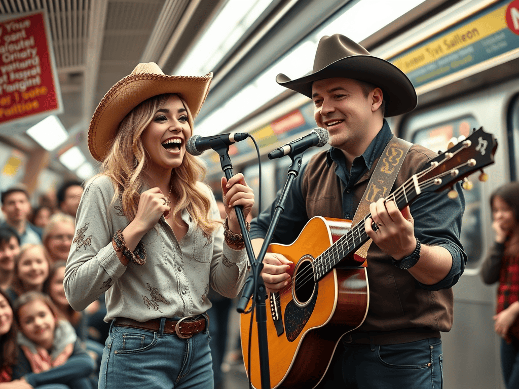 Miley Cyrus fans singing and playing guitar at a subway station.
