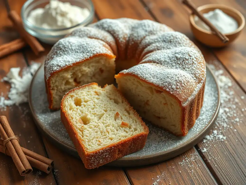 Delicious cinnamon tea cake dusted with powdered sugar, served on a rustic wooden table.