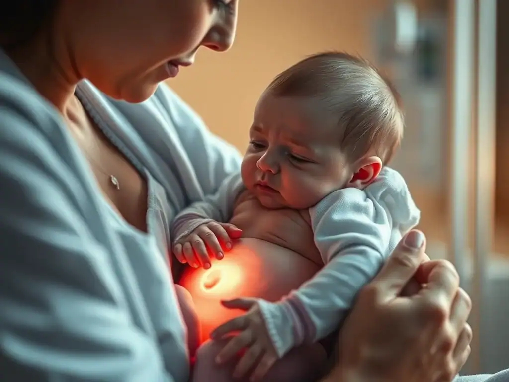 Baby boy held by mother, appearing to be 'pregnant' with twin brother inside.