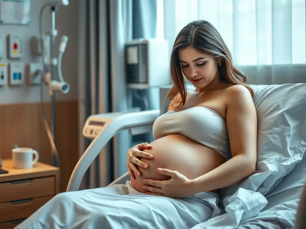 Pregnant woman in hospital bed expecting labour.