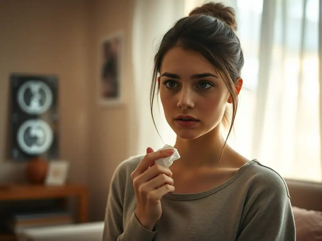Young woman with a worried expression holding tissue, indoor setting.