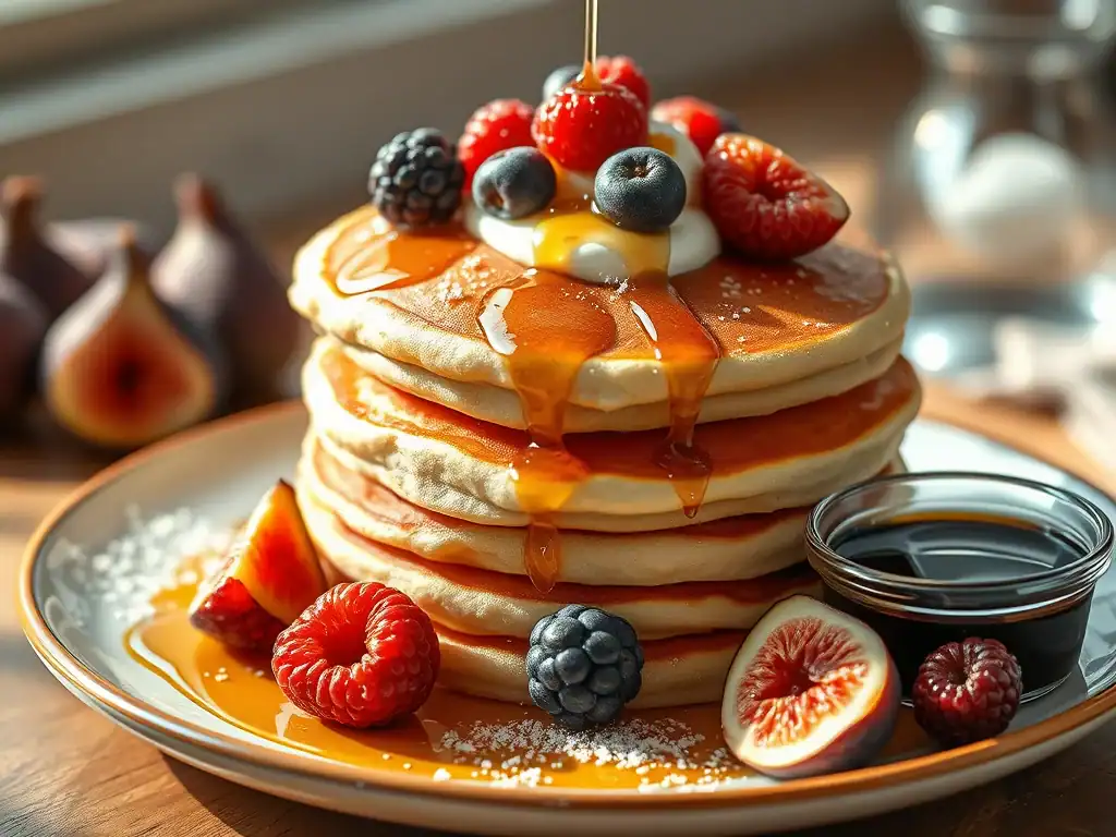 Delicious stack of homemade pancakes topped with mixed berries, syrup, and whipped cream, perfect fo.