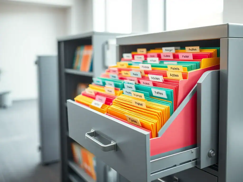 Efficient filing cabinet organisation with colourful folders for easy access.