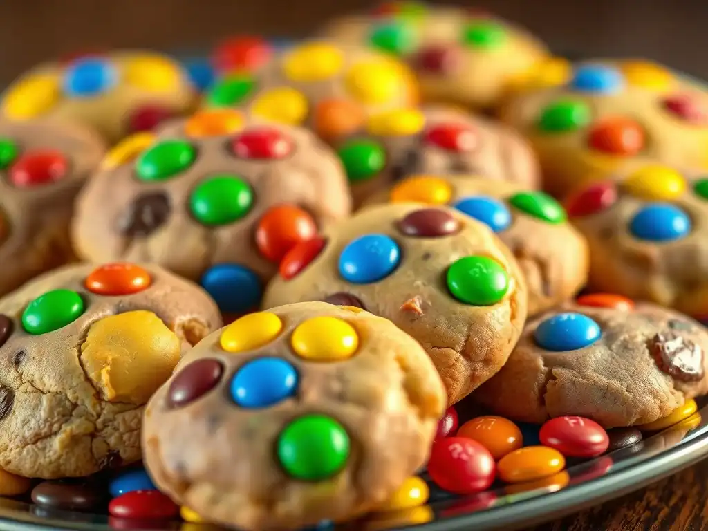 Rainbow M&M Cookies with colourful chocolate candies on top.