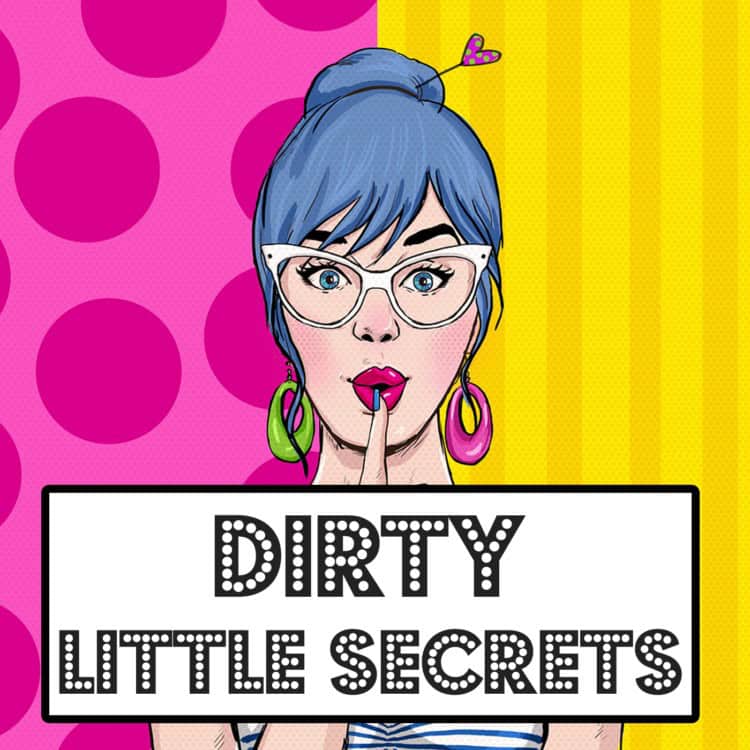 Woman with glasses and blue hair holding a "Dirty Little Secrets" sign, vibrant background.