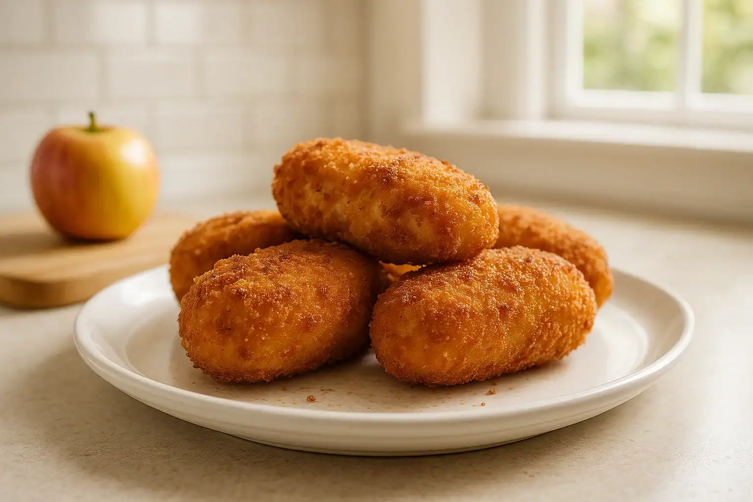 Delicious homemade chicken and apple croquettes on a white plate, perfect for family meals or snacks.