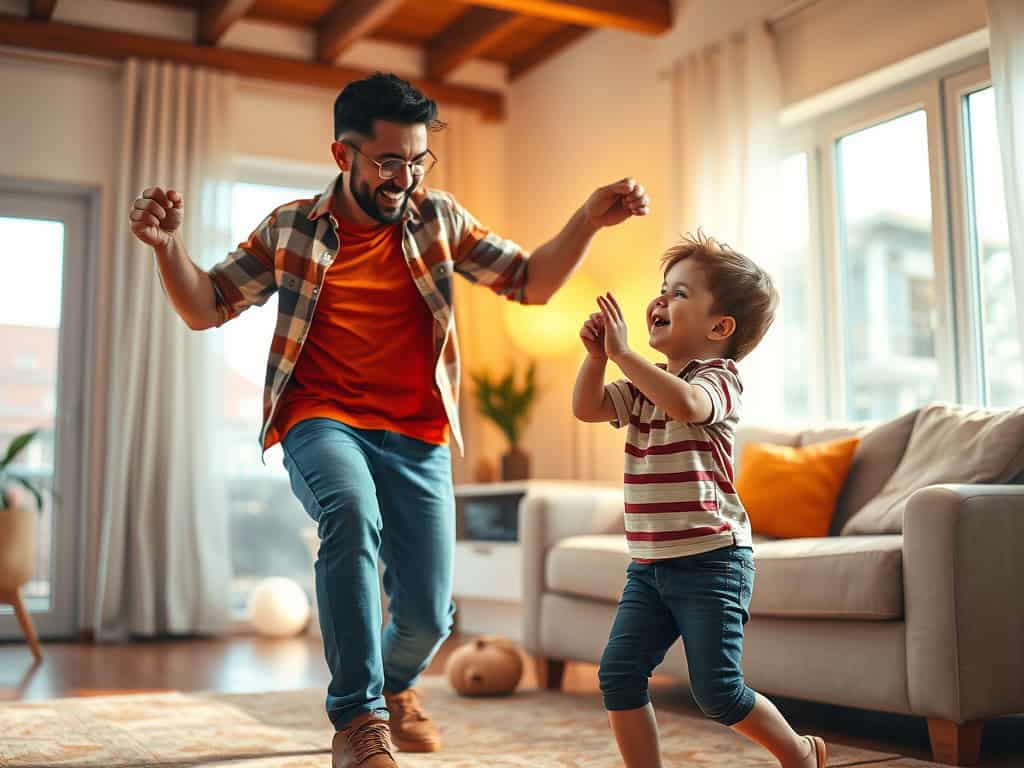 Father and son dancing happily together in a cozy living room setting.