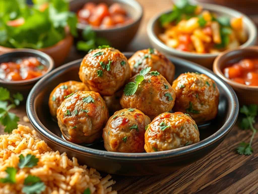 Spicy Mexican meatballs in a flavorful sauce served with rice and side dishes. Perfect for a delicio.