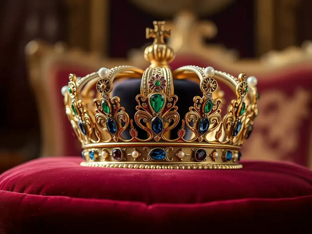 Elegant gold crown adorned with emerald, sapphire, and pearl accents.