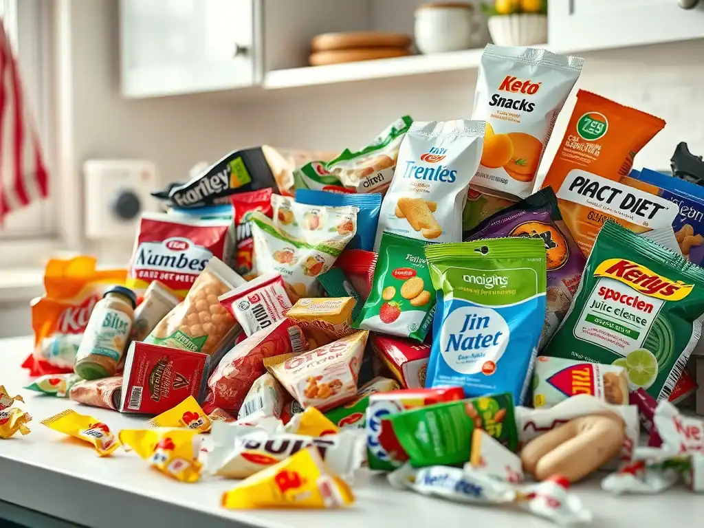 Snack foods and diet products on kitchen counter.