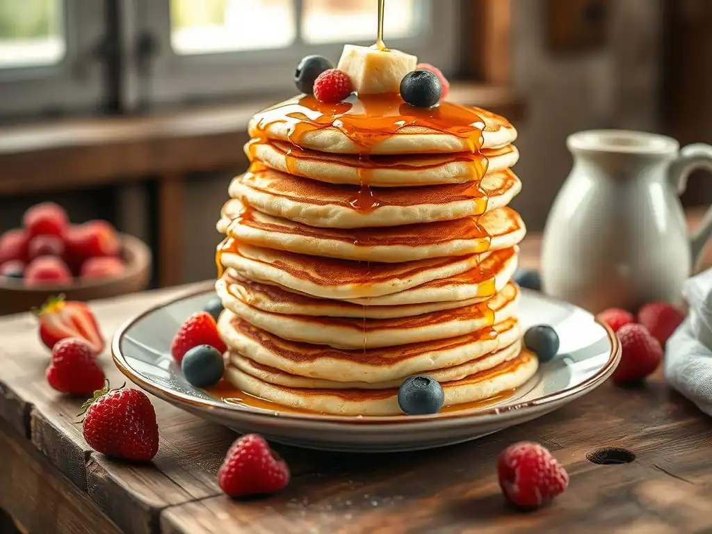 Delicious gluten-free ricotta pancakes topped with fresh berries and syrup. Perfect for a healthy br.