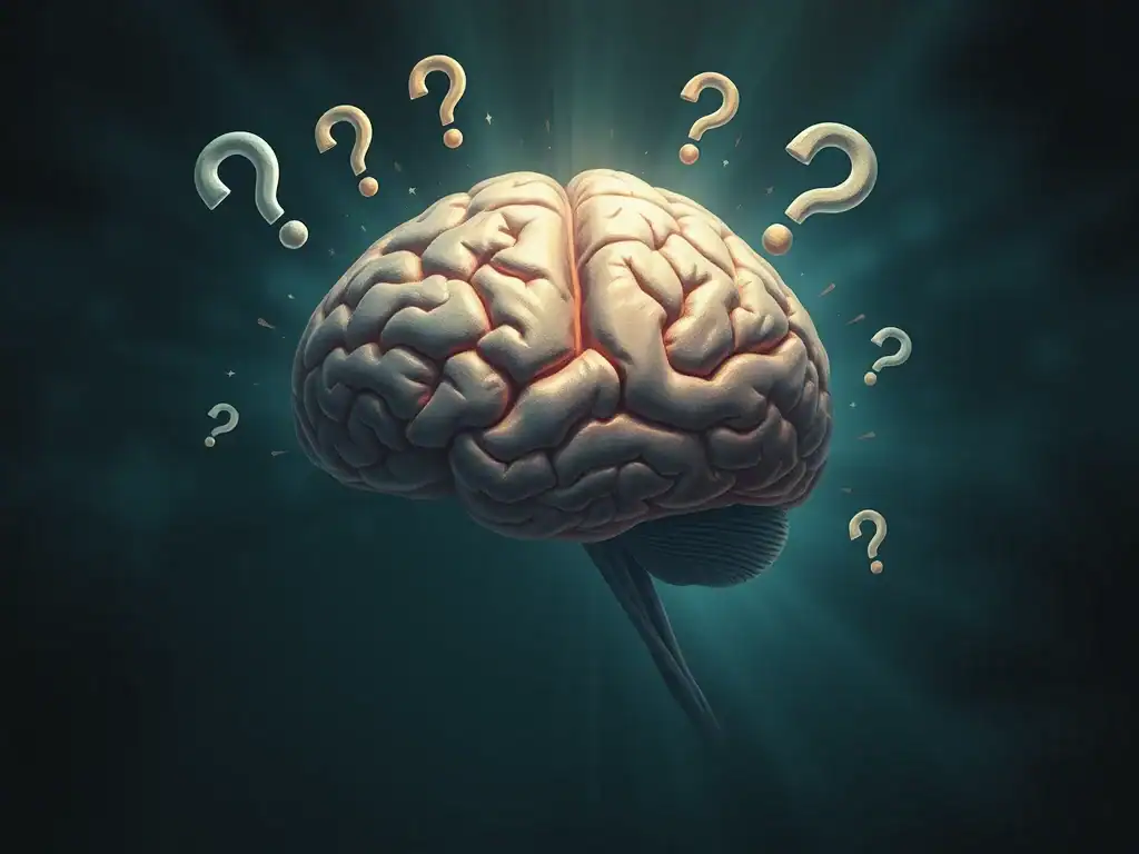 Brain with question marks, symbolising memory and cognitive questions.