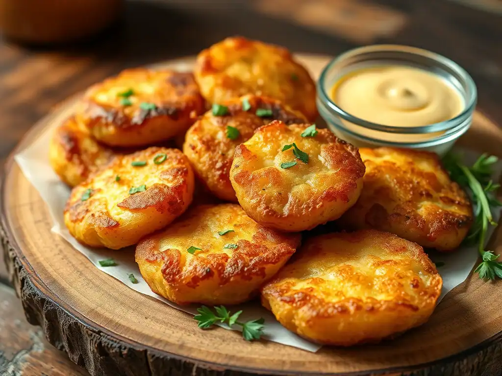 Delicious potato scallops topped with cheese and herbs, served with a creamy dipping sauce for a per.