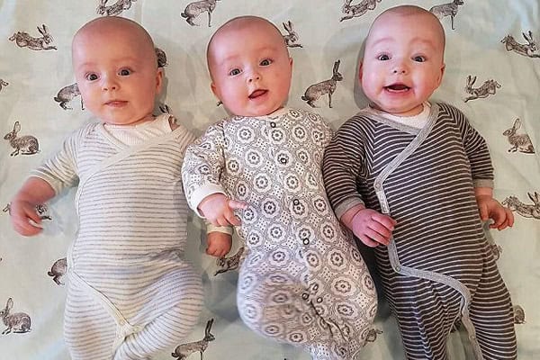 Triplet babies lying on bed with animal print background.