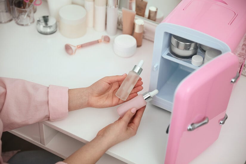 Woman preparing skincare products with mini fridge on vanity table.
