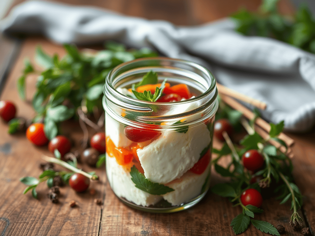 Marinated feta cheese in a jar with cherry tomatoes and herbs, ready to serve.