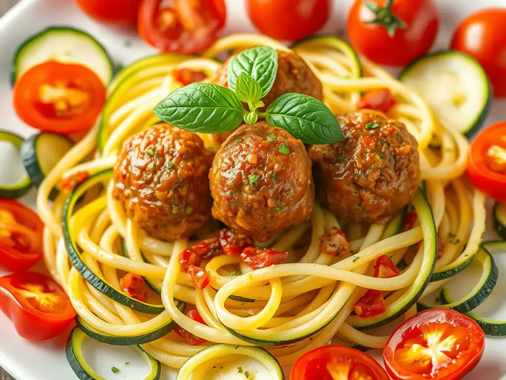 Veggie Meatballs with Tomato Zucchini-getti