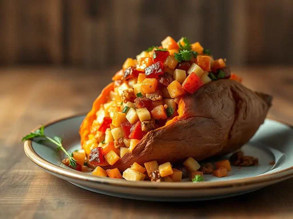 Sweet potato stuffed with mixed vegetables and herbs, baked to perfection.