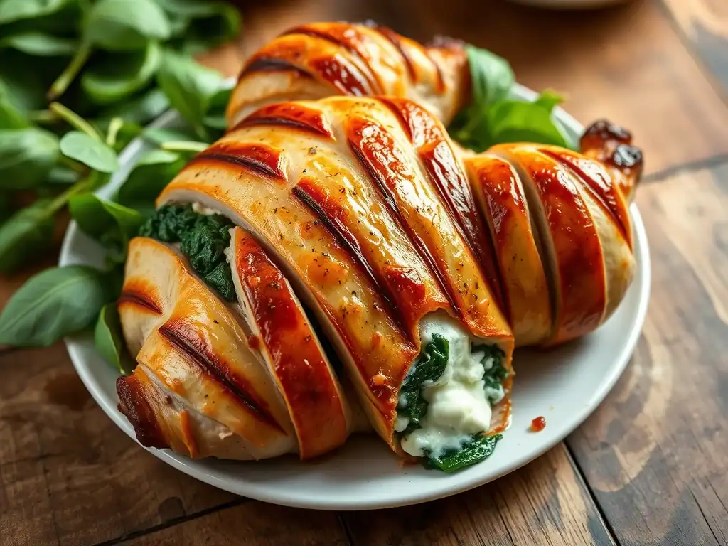 Delicious roasted Hasselback chicken stuffed with spinach and ricotta cheese, topped with a savory g.