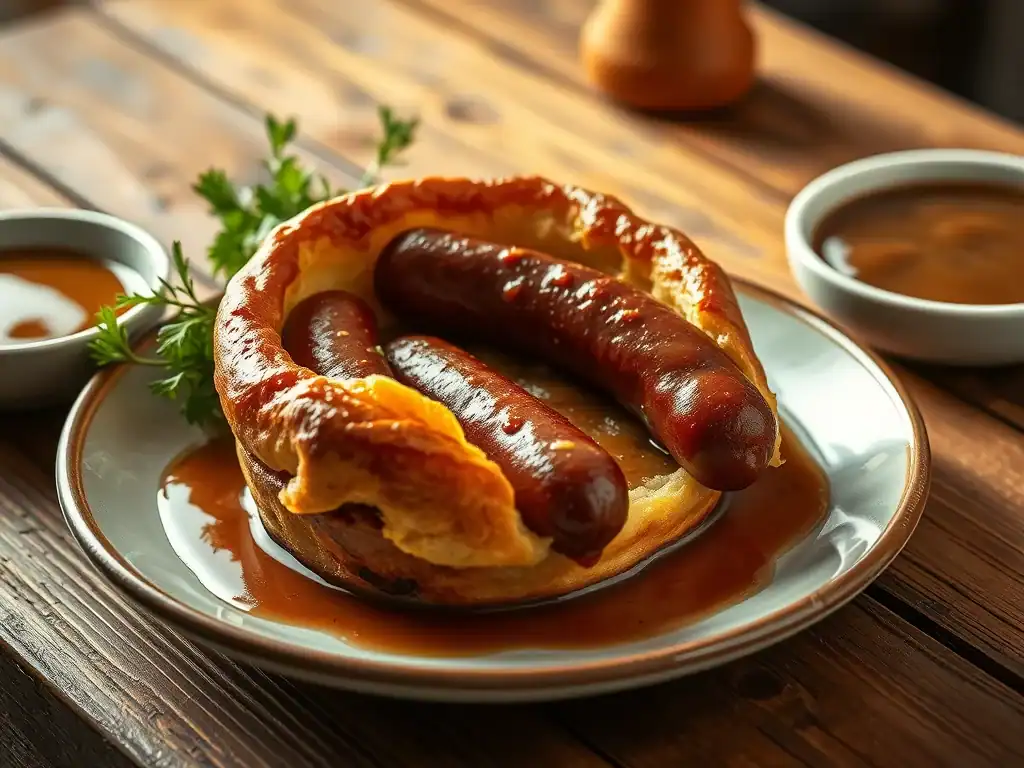 Toad in the Hole with sausages baked in Yorkshire pudding batter, served with gravy and herbs on a r.