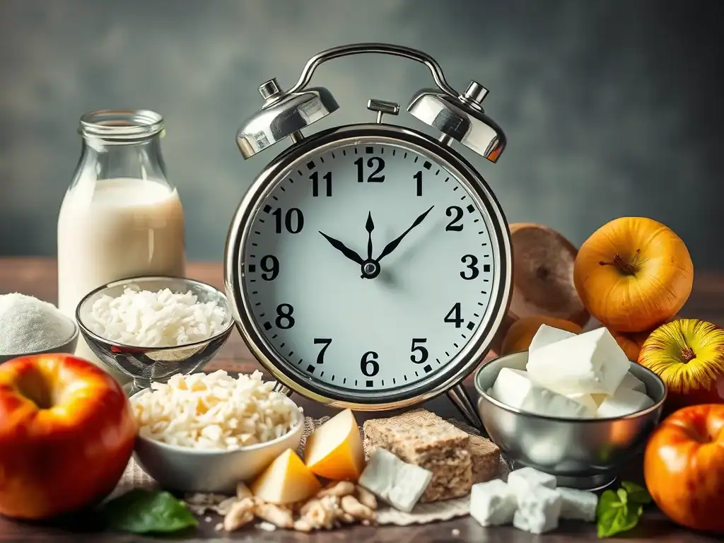 Alarm clock with dairy and apples, illustrating optimal eating times.