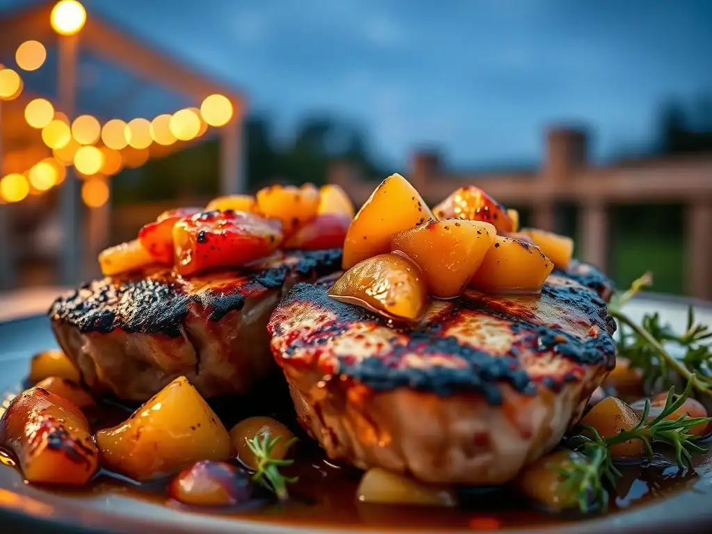 Delicious grilled pork chops topped with fresh nectarine relish, served with roasted peaches for a p.