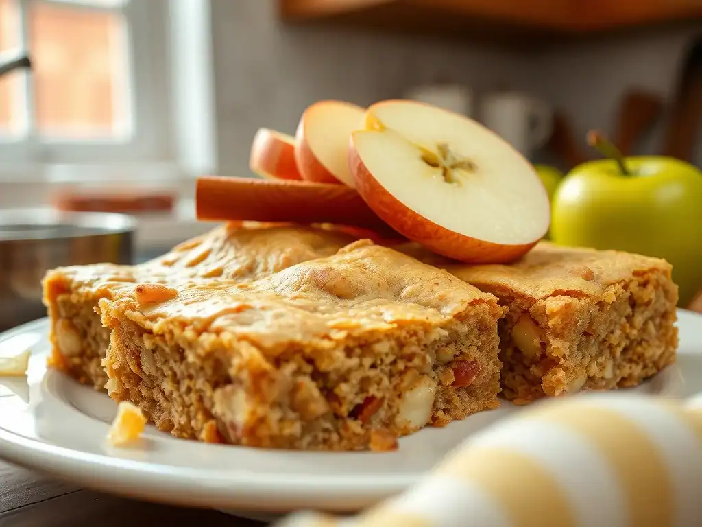 Delicious apple cinnamon blondies topped with fresh apple slices, perfect for a cozy treat.