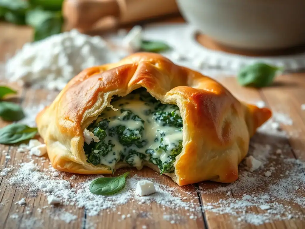 Delicious cheesy spinach pastry with golden crust and creamy filling, perfect for quick snacks or fa.