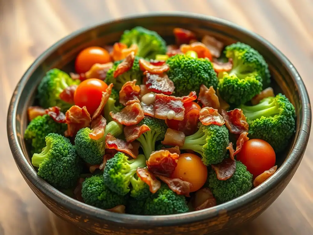 Bright, healthy broccoli and cherry tomatoes topped with crunchy bacon bits.