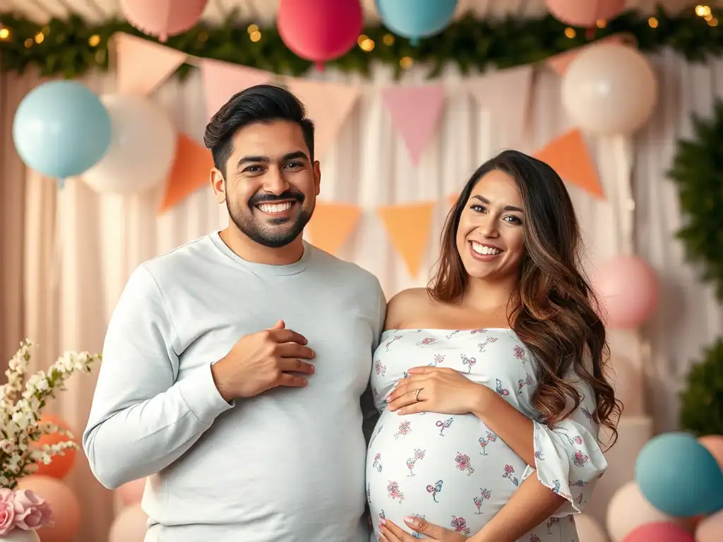 Baby gender reveal party with happy couple celebrating their upcoming arrival.